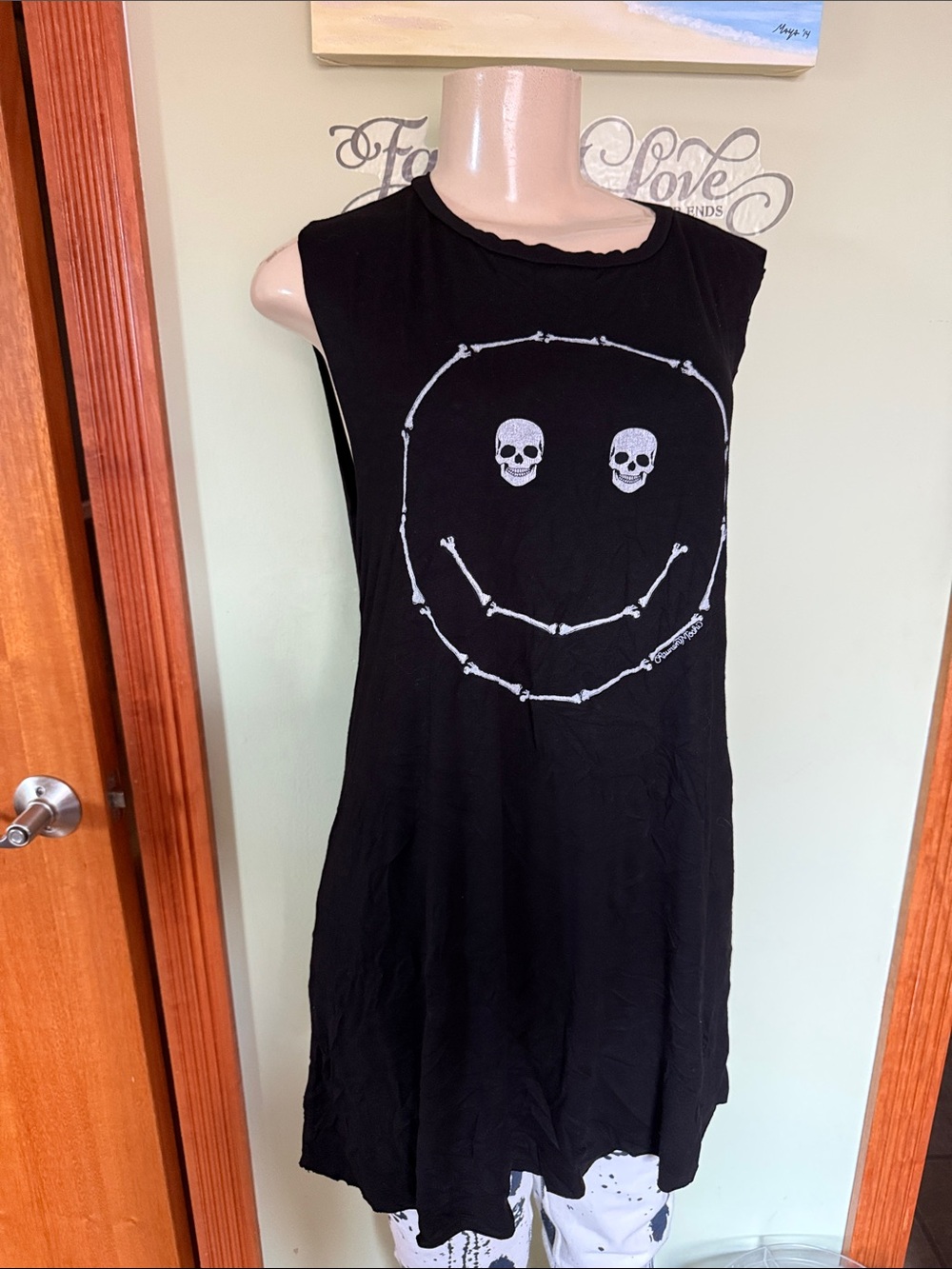 Lauren Moshi Black Tank Top with White Skull Smile Graphic